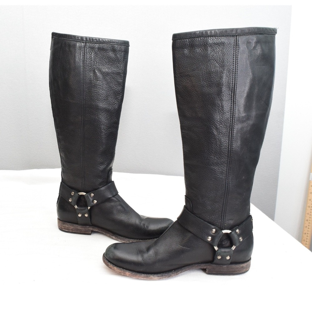 Frye Phillip Harness Tall Boots 7.5 Black Leather Back Zip Moto Women 76850 - Picture 5 of 8